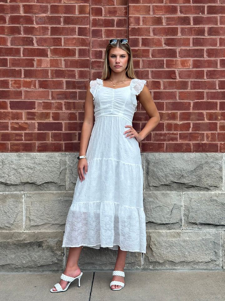 The Emily White Tea Length Flutter Sleeve Dress