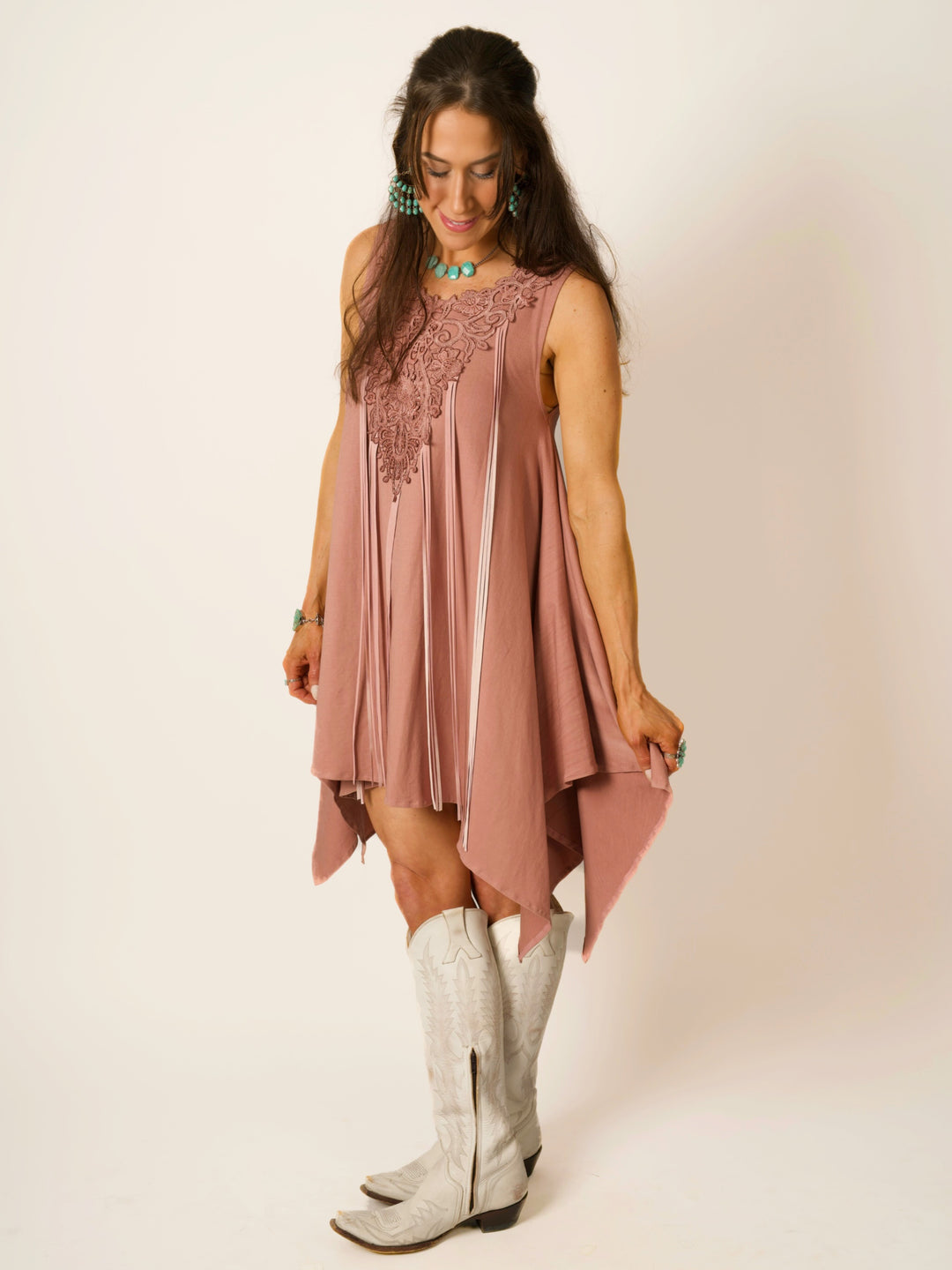 Pink Shark Bite Sleeveless Designer Dress with Pigsuede Fringe & Lace Neckline
