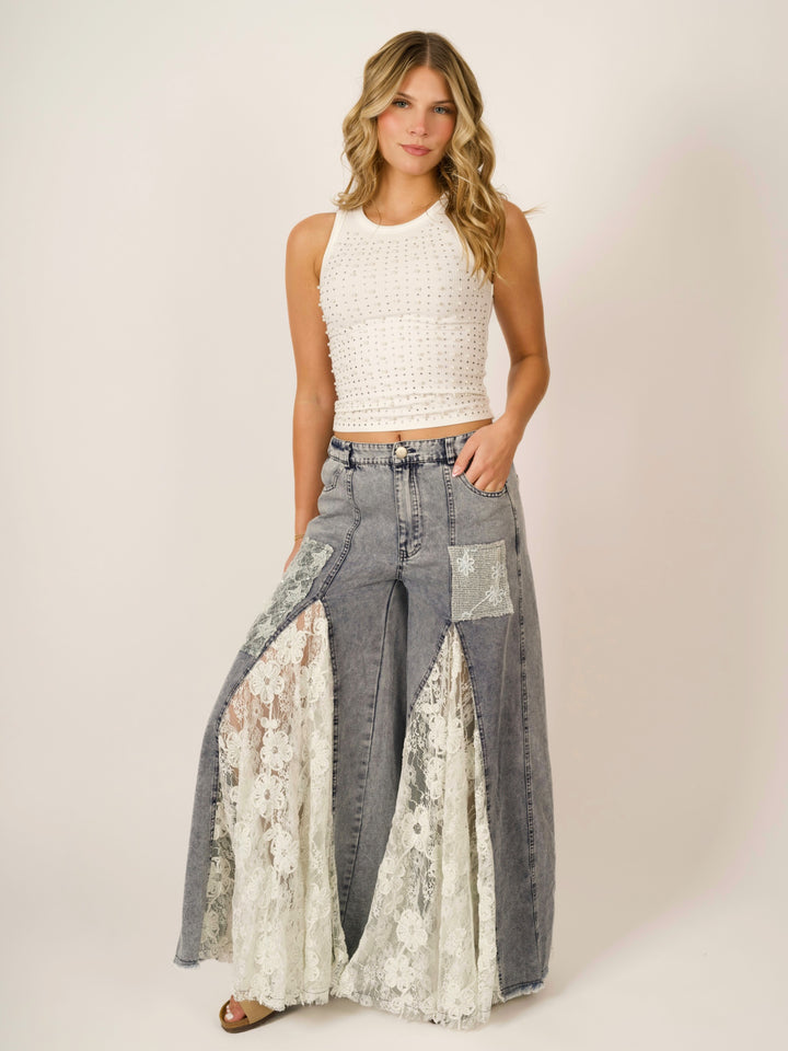 Indie Romantic Boho Lace Ruffle Wide Leg Denim Pants