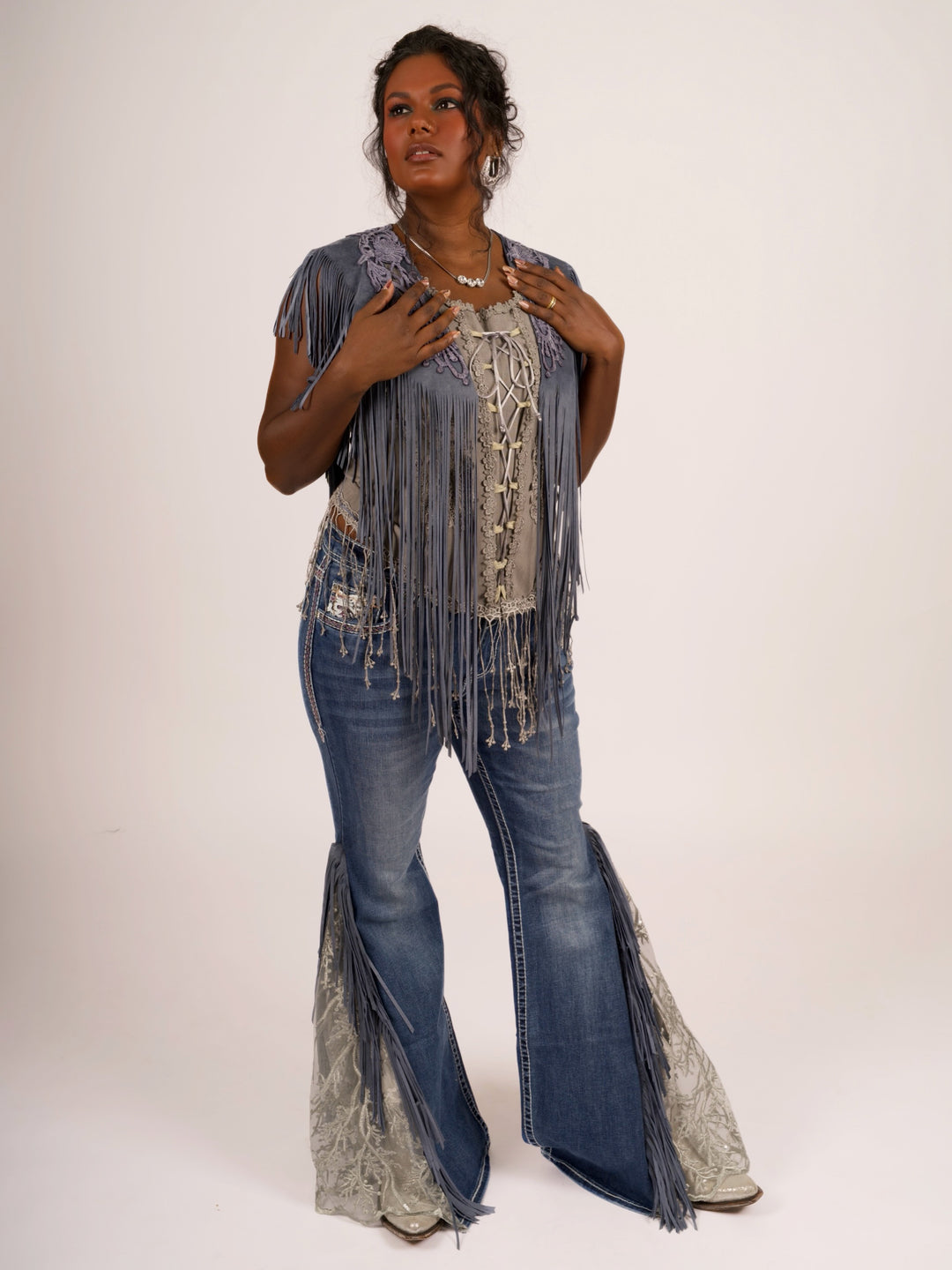 Handcrafted Denim Blue Suede Shoulder Fringe Collar by Pat Dahnke