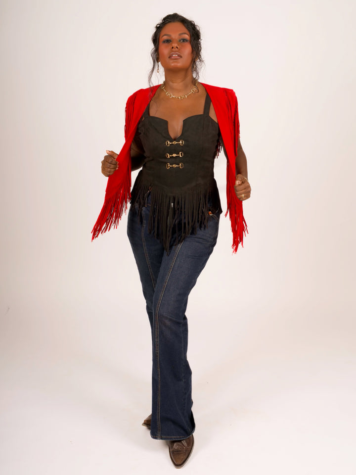 Handcrafted Red Suede Leather Fringe Shoulder Collar