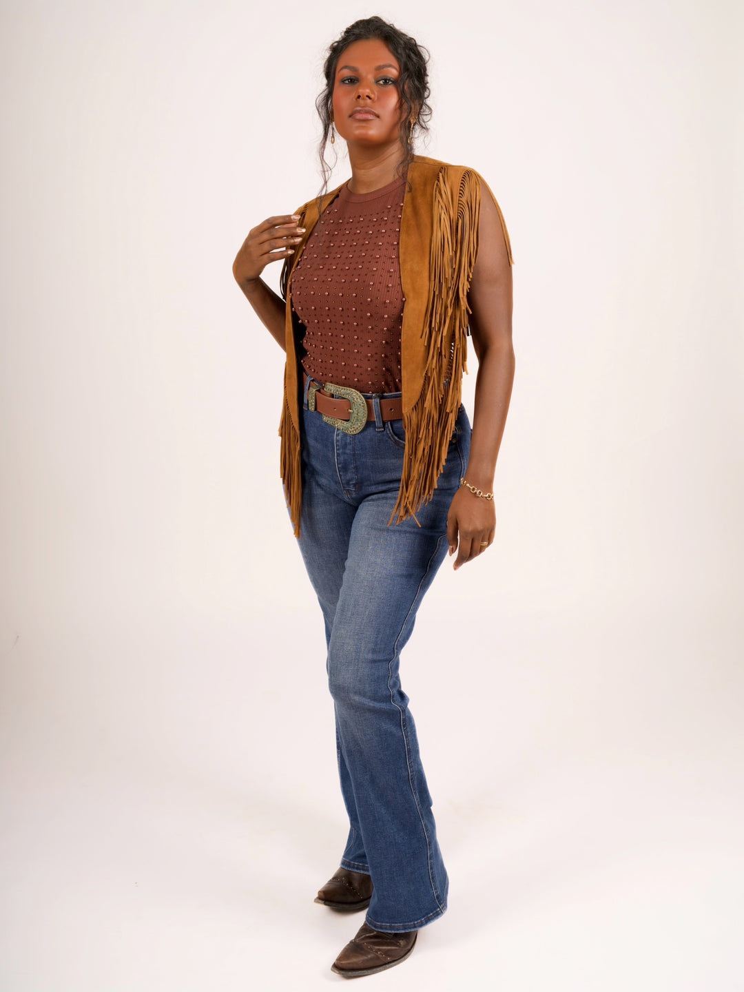 Handcrafted Cognac Suede Leather Fringe Shoulder Collar