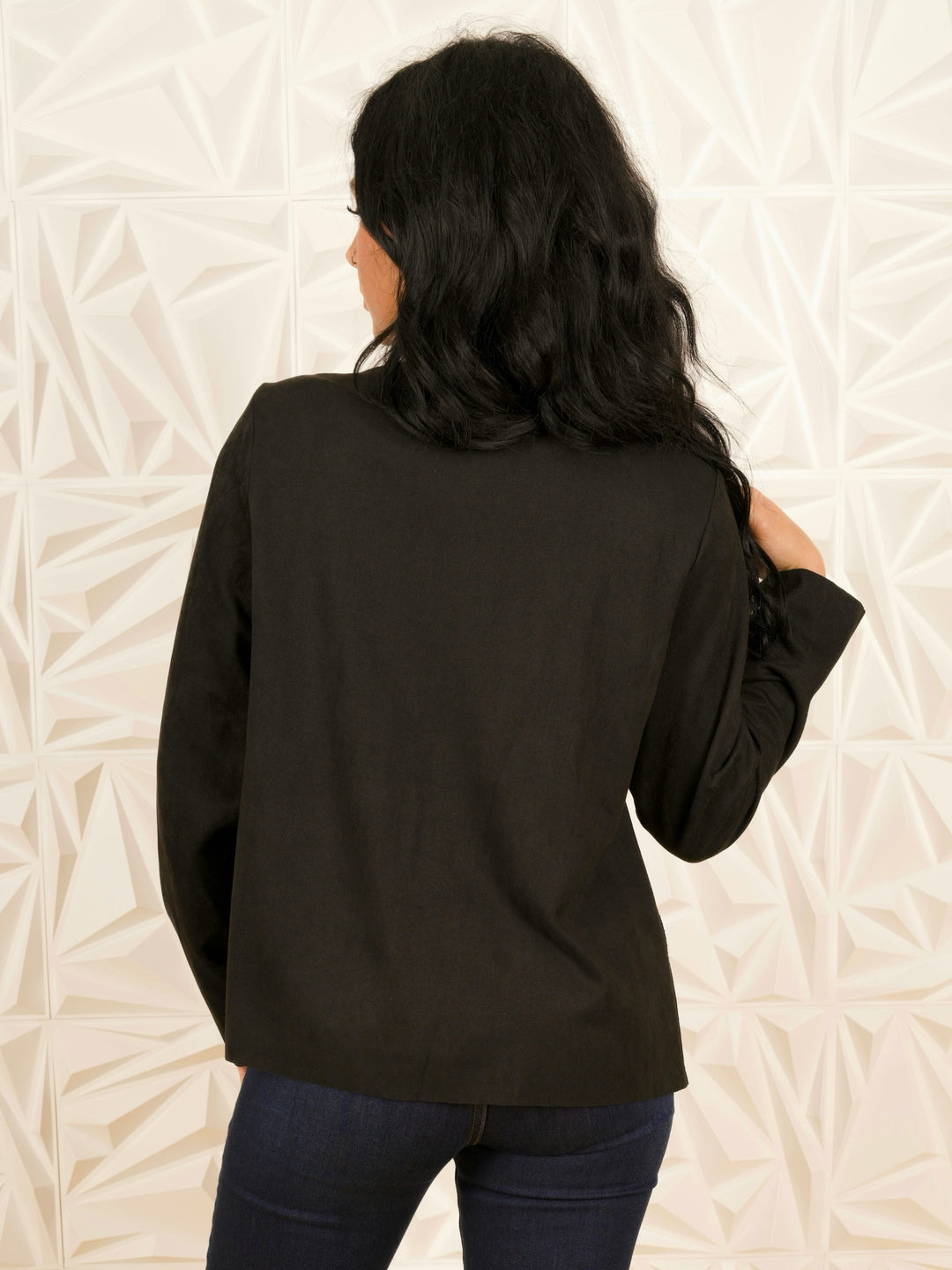 Black Suede Open-Front Jacket with Laser-Cut & Rhinestone Detail