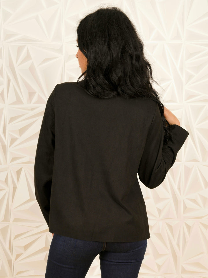 Black Suede Open-Front Jacket with Laser-Cut & Rhinestone Detail