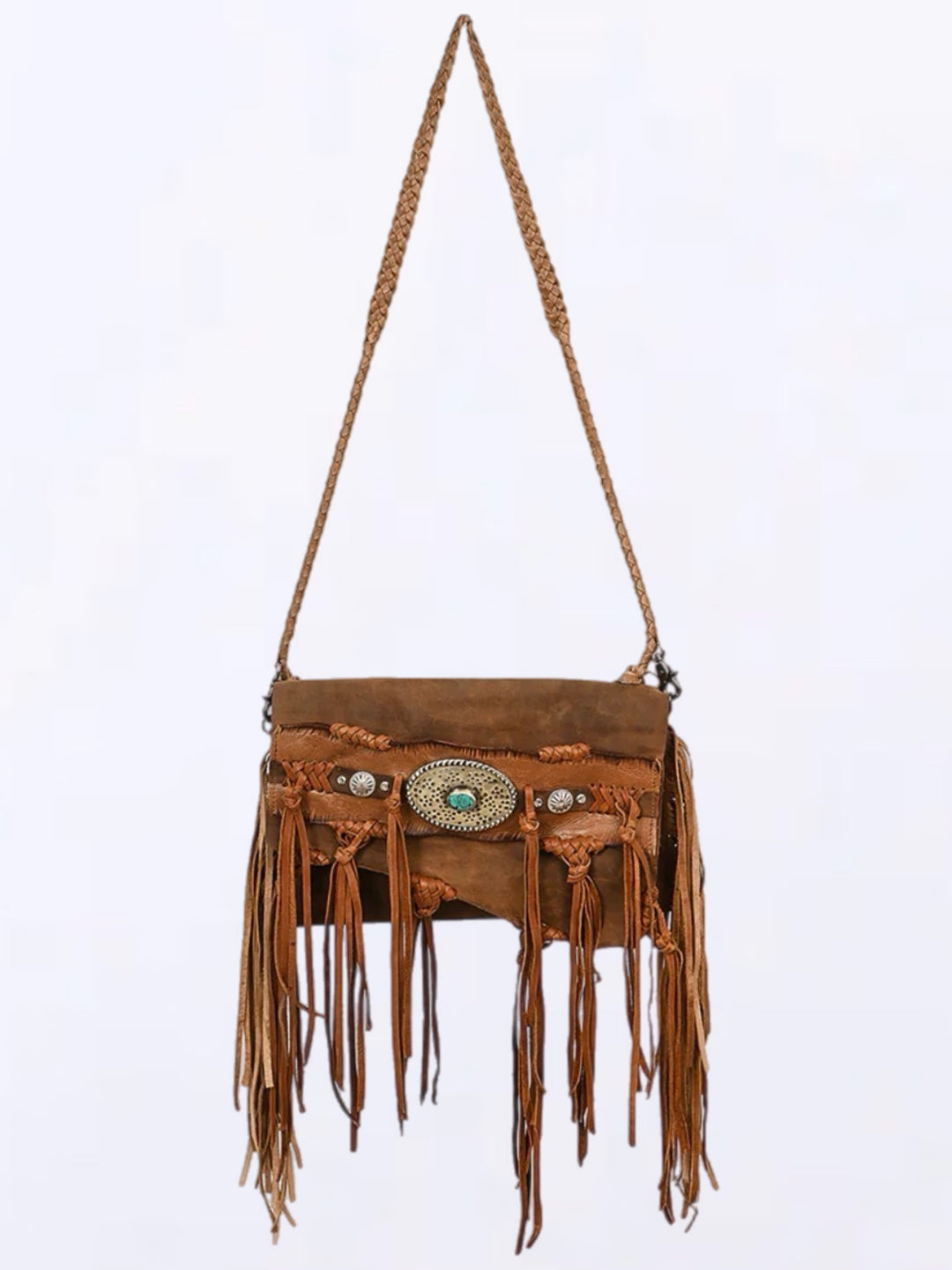 Granada Turquoise Inlay Leather Fringe Crossbody