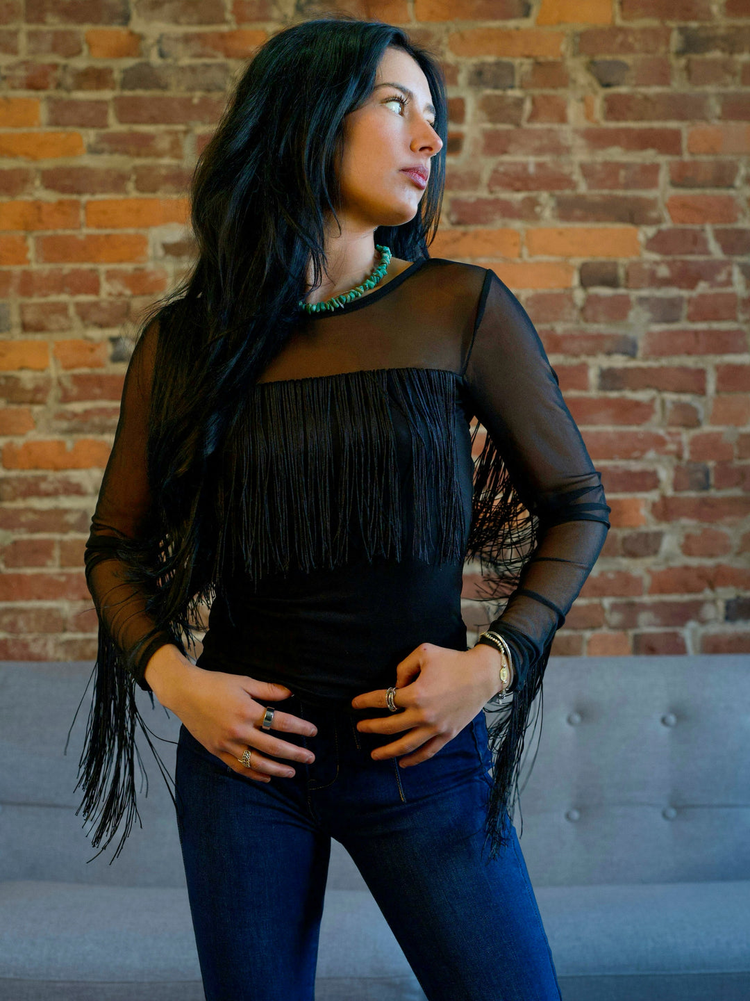 Women’s Black Fringe Trim Long Sleeve Mesh Western Top