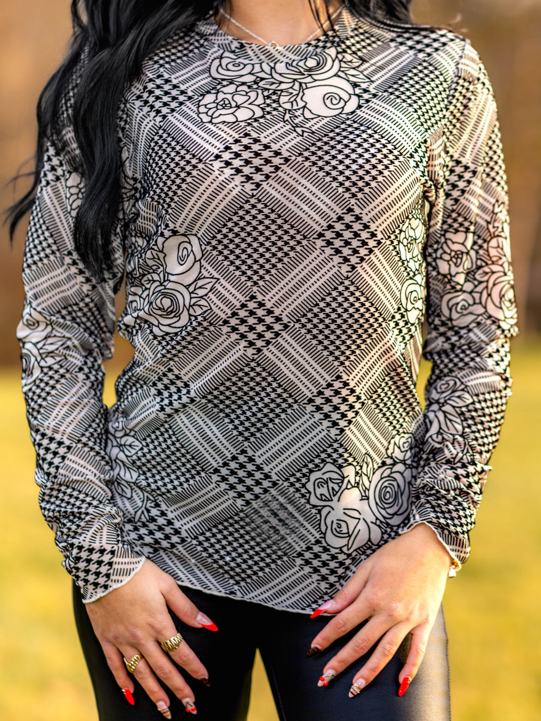 Plaid Floral Velvet Overlay Mesh Long Sleeve Top