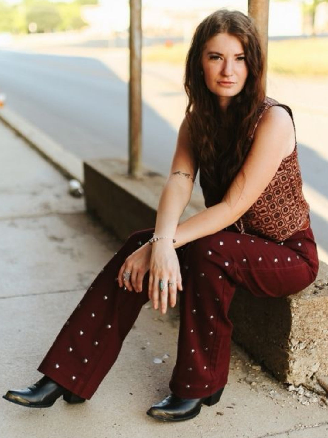 Burgundy Studded High-Rise Straight-Leg Jeans