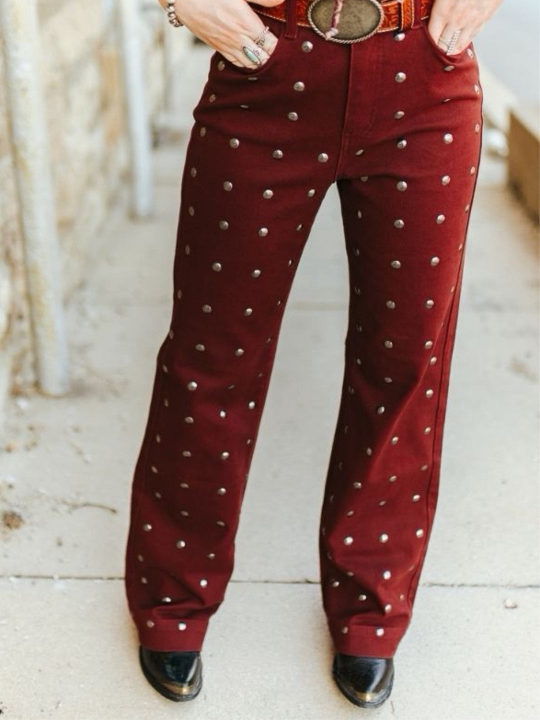 Burgundy Studded High-Rise Straight-Leg Jeans