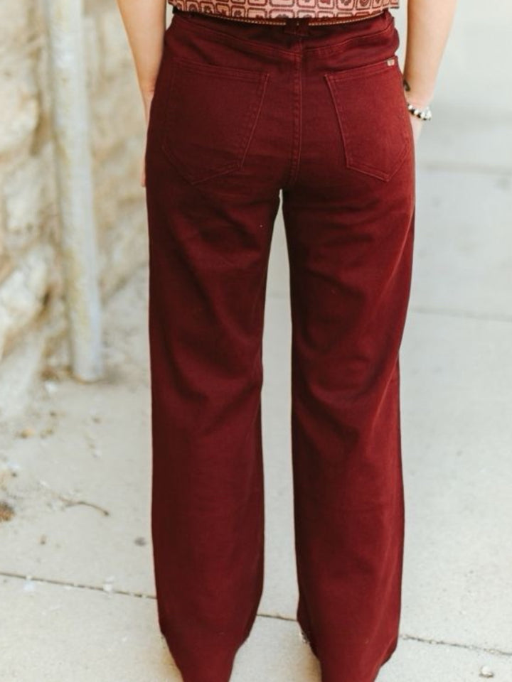 Burgundy Studded High-Rise Straight-Leg Jeans