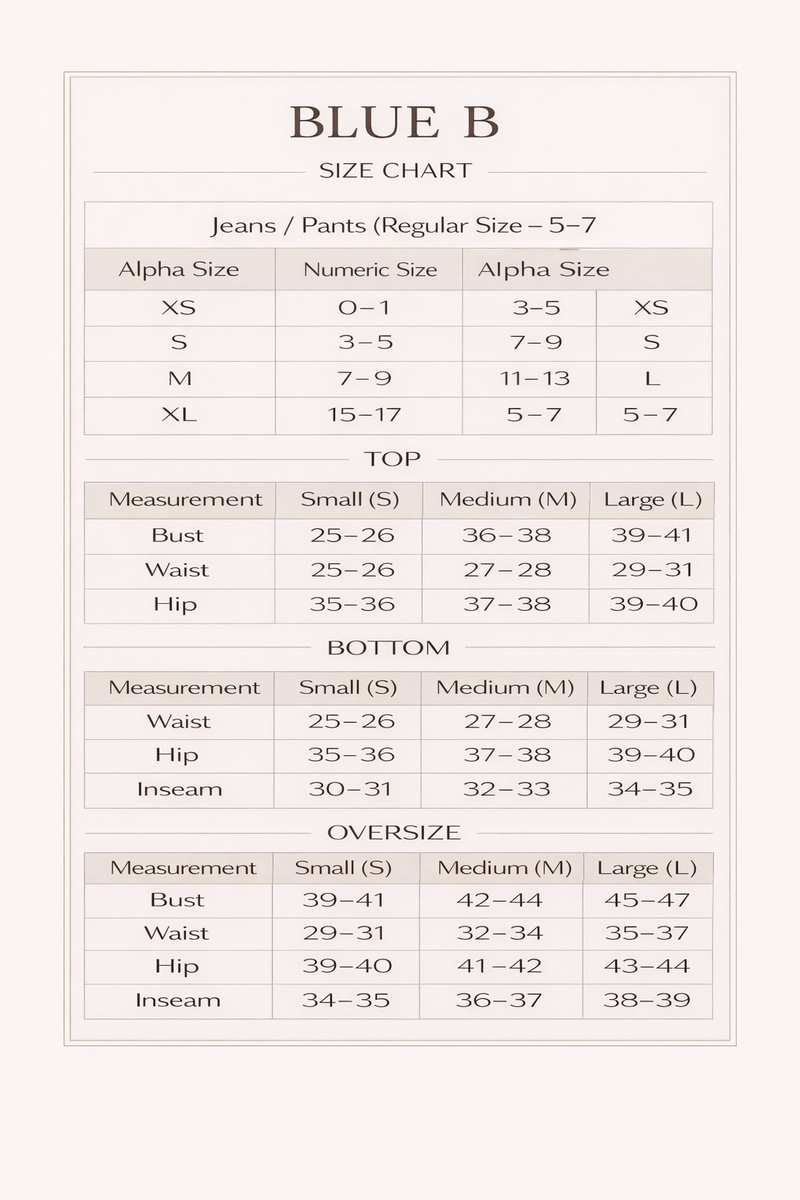 Blue B size chart