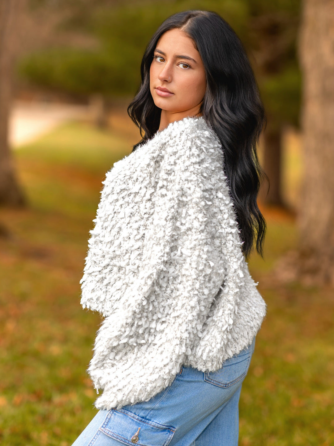 Oversized V-Neck Fuzzy Knit Cropped Sweater