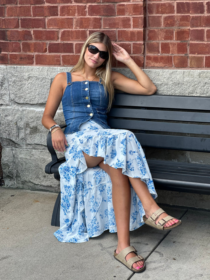 High Waist Ruffle Floral Maxi Skirt with Front Slit
