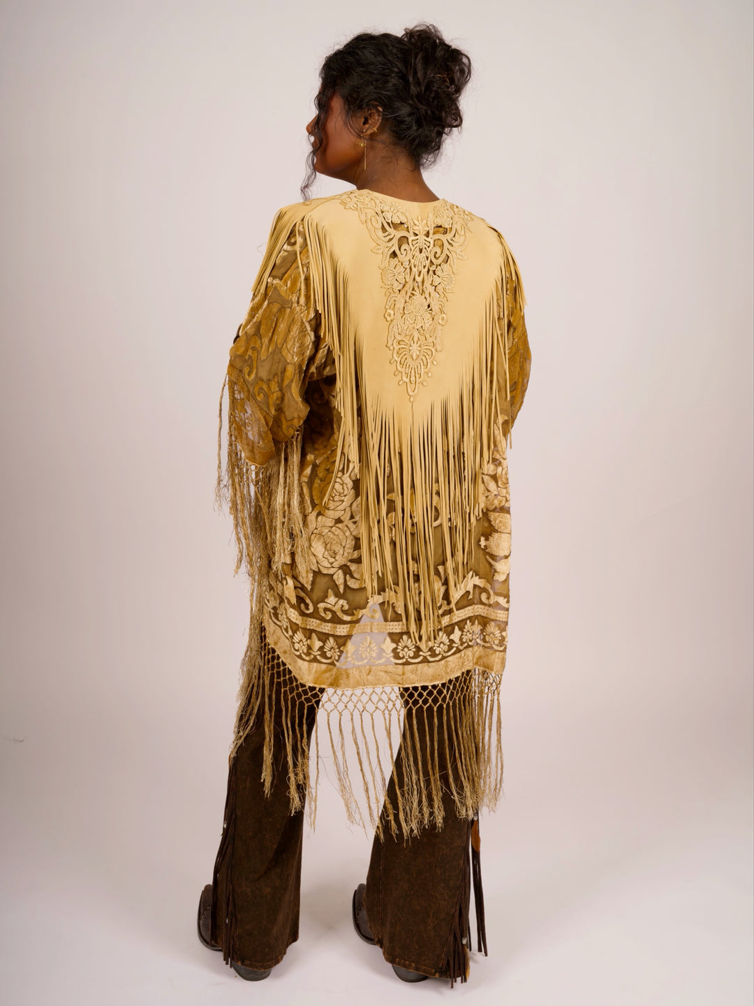 Handcrafted Palomino Deerskin Leather Shoulder Fringe Collar by Pat Dahnke