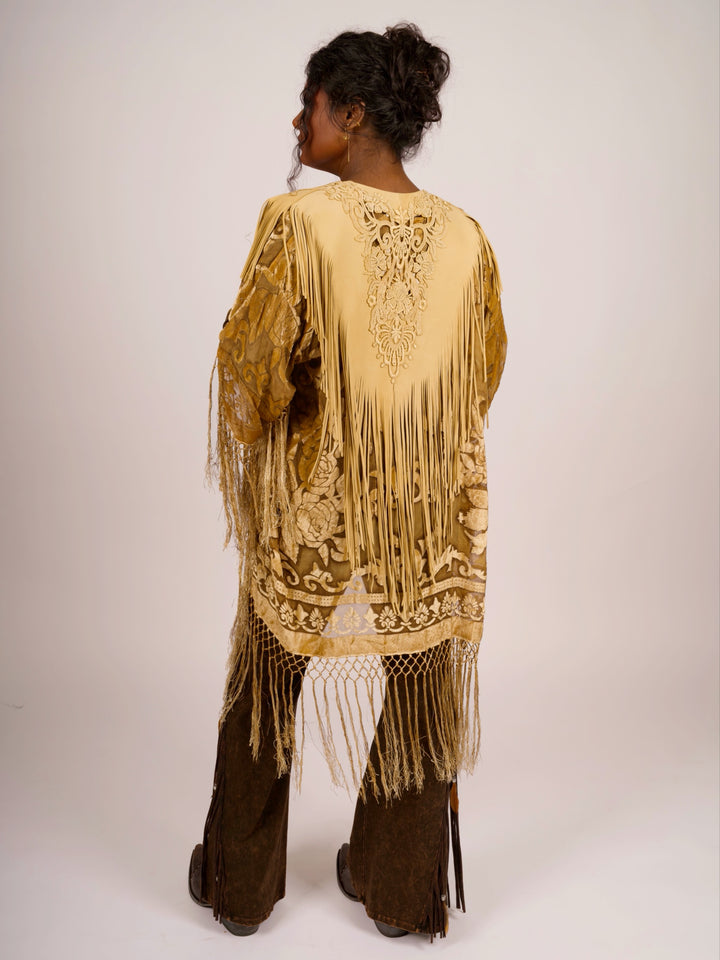 Handcrafted Palomino Deerskin Leather Shoulder Fringe Collar by Pat Dahnke