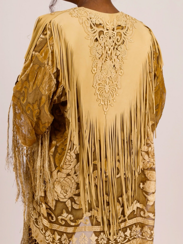 Handcrafted Palomino Deerskin Leather Shoulder Fringe Collar by Pat Dahnke