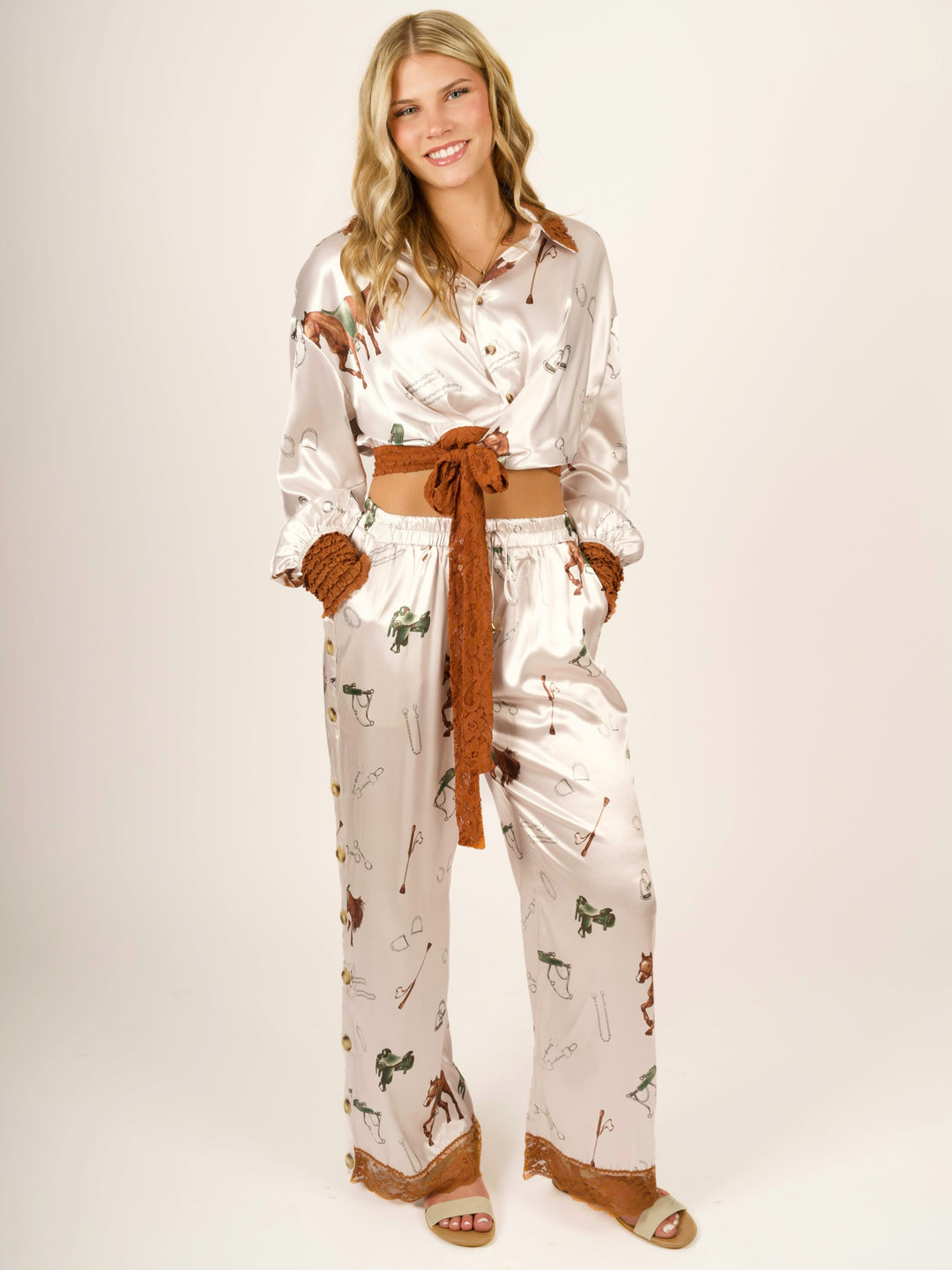 Stretch Satin Equestrian Print Pants with Lace Hem