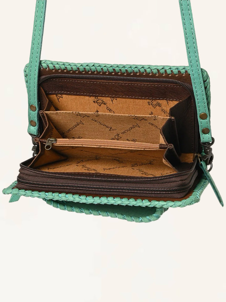 Turquoise Hand Tooled Leather Crossbody Clutch Wallet Bag
