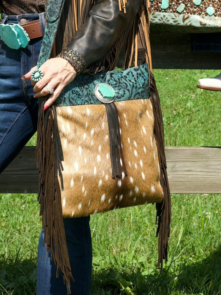 Turquoise Tooled Leather Axis Hide Large Fringe Shoulder Bag