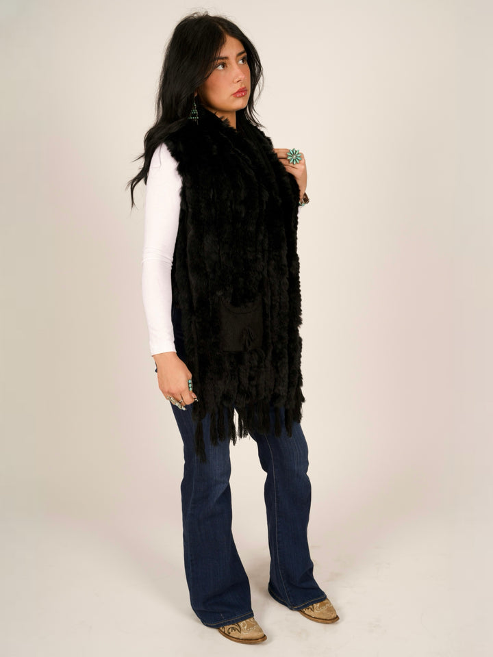 Black Rex Rabbit Pocket Shawl Fur Vest