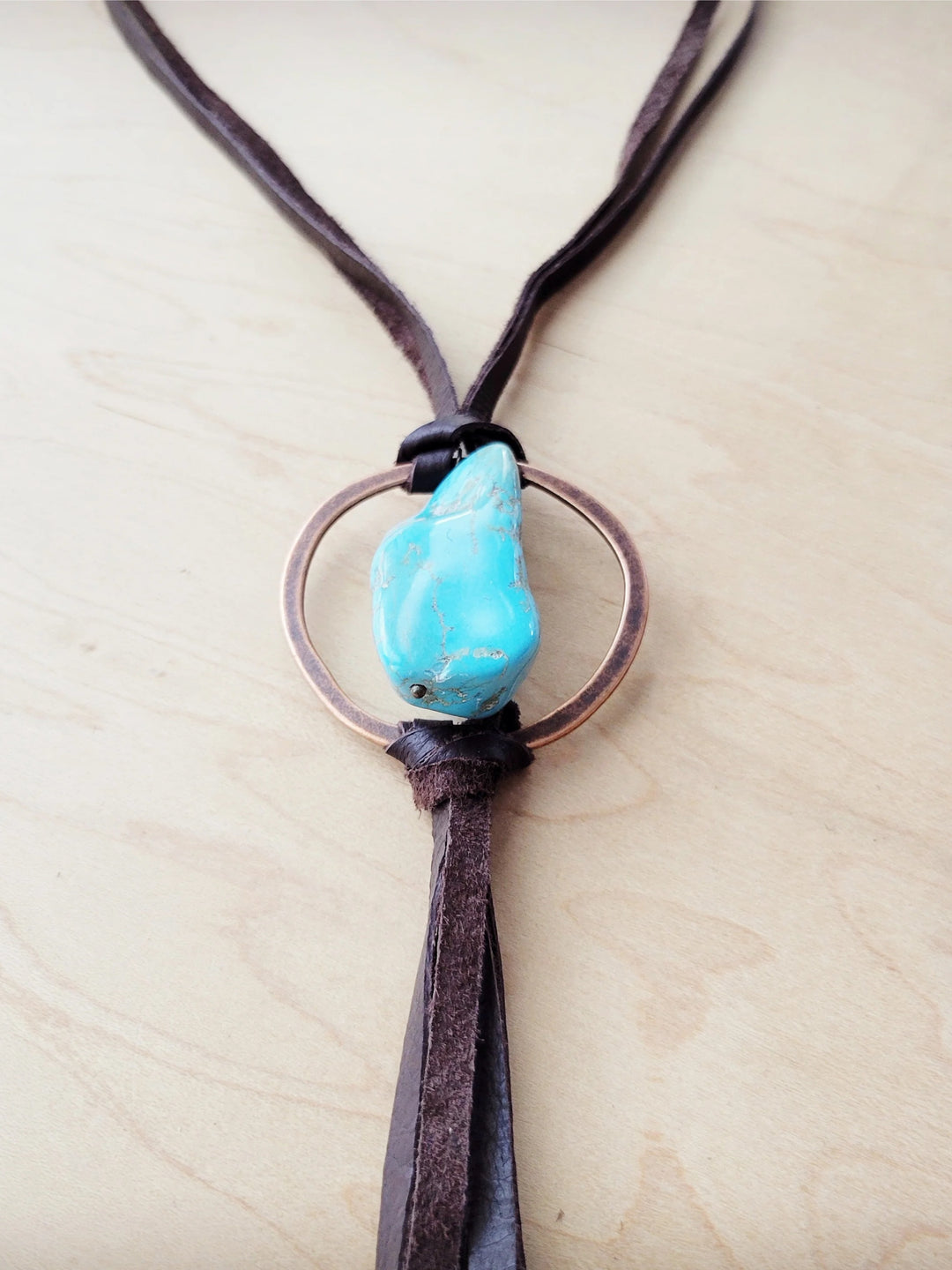 Boho Leather Necklace w/ Large Turquoise Chunky Pendant