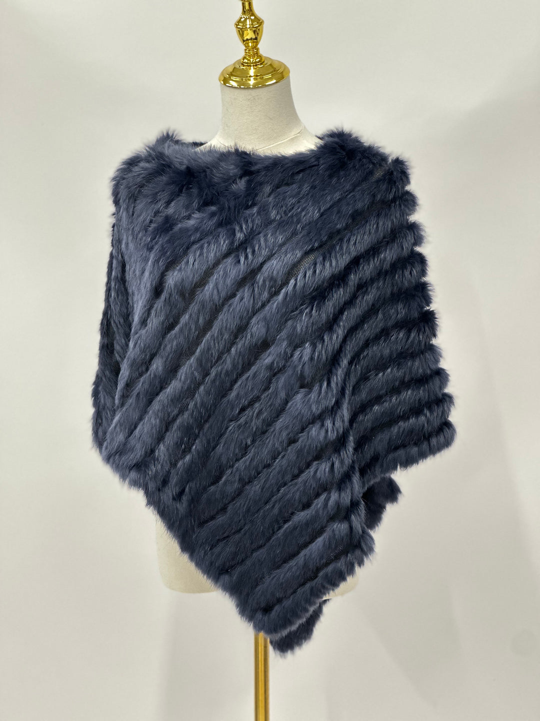 Navy Knitted Rabbit Fur Poncho