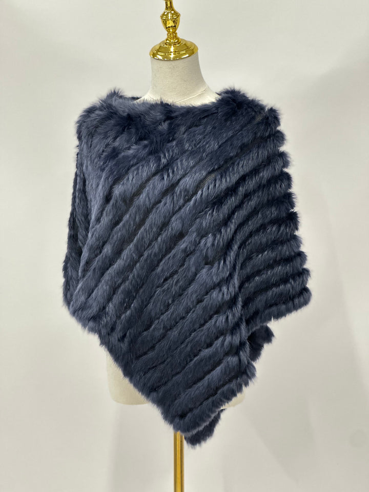 Navy Knitted Rabbit Fur Poncho