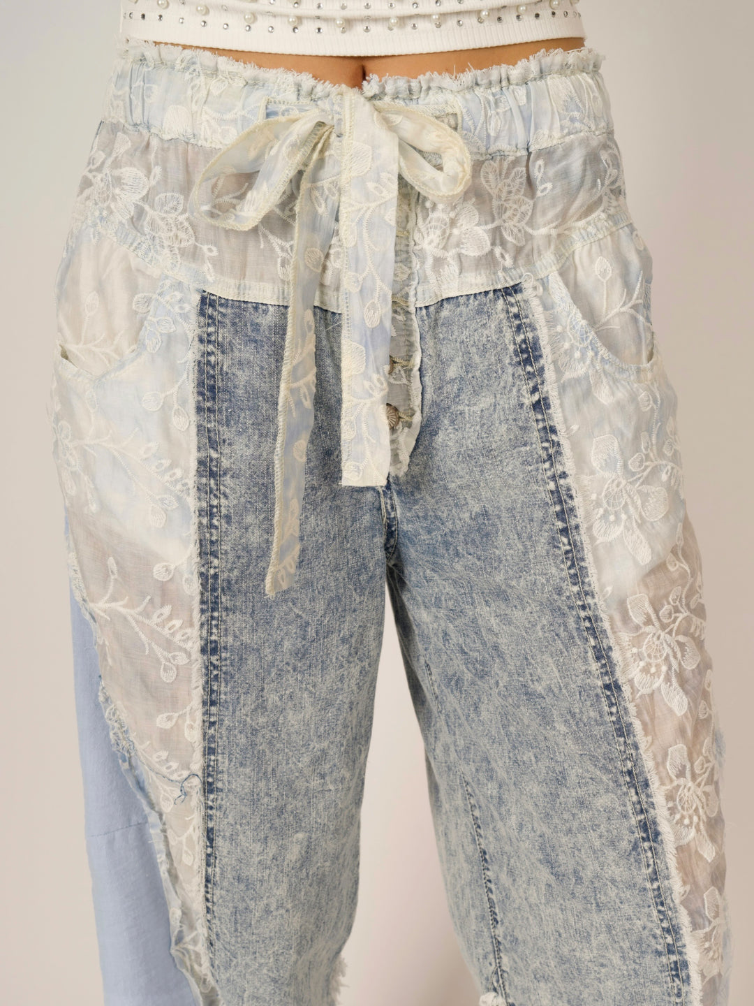 POL Boho High-Waist Wide-Leg Lace Patchwork Denim Pants