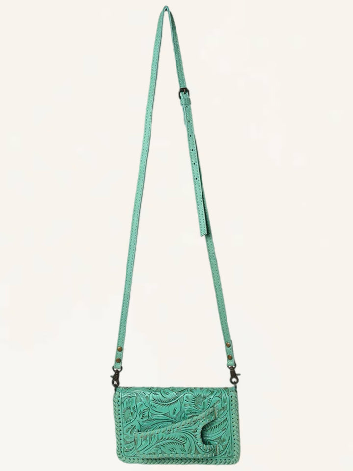 Turquoise Hand Tooled Leather Crossbody Clutch Wallet Bag