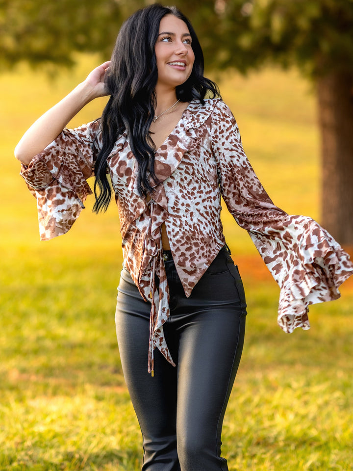 Leopard Print Ruffle Lace-Up Blouse