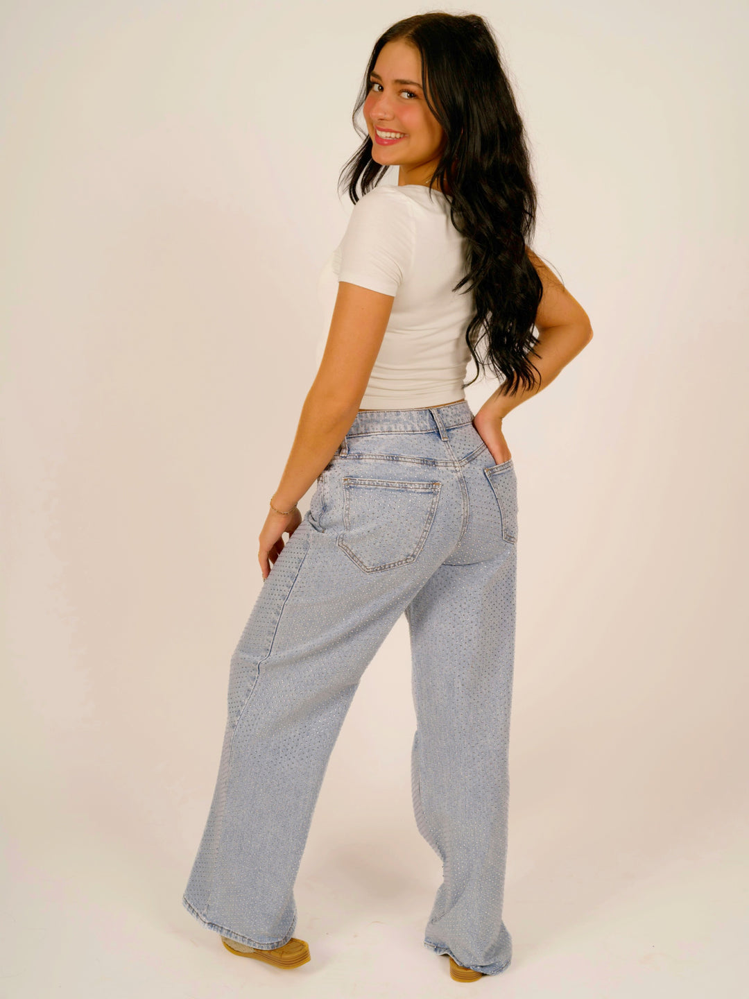 High-Rise Wide-Leg All-Over Rhinestone Jeans