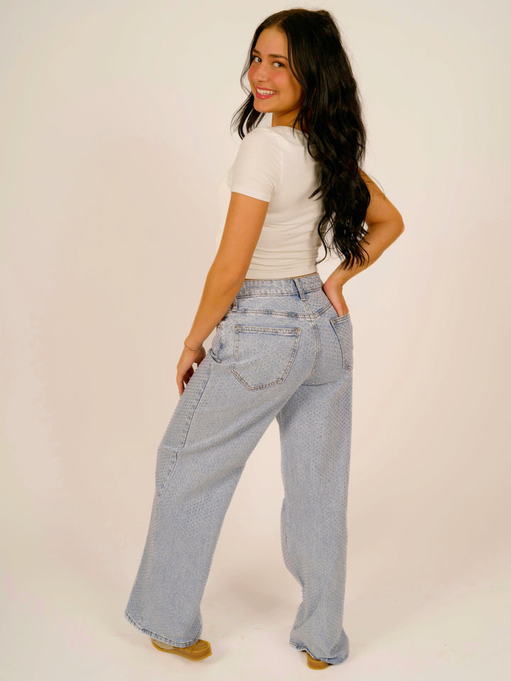 High-Rise Wide-Leg All-Over Rhinestone Jeans