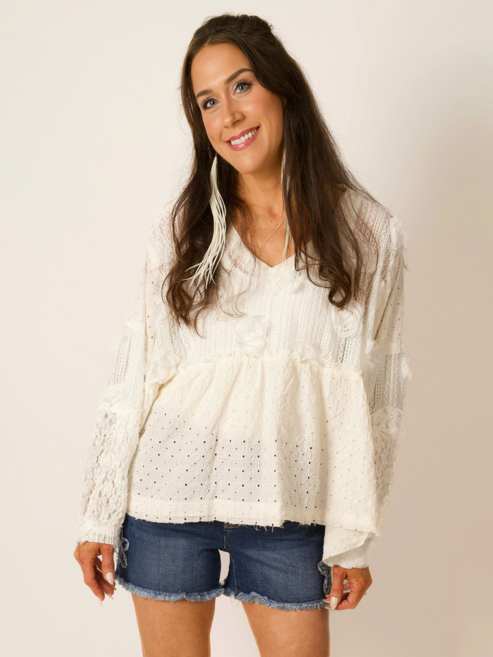 POL Vintage Lace V-Neck Balloon Sleeve Top with Floral Appliqué