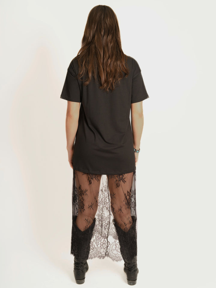 Black Maxi T-Shirt Dress with Lace Accent