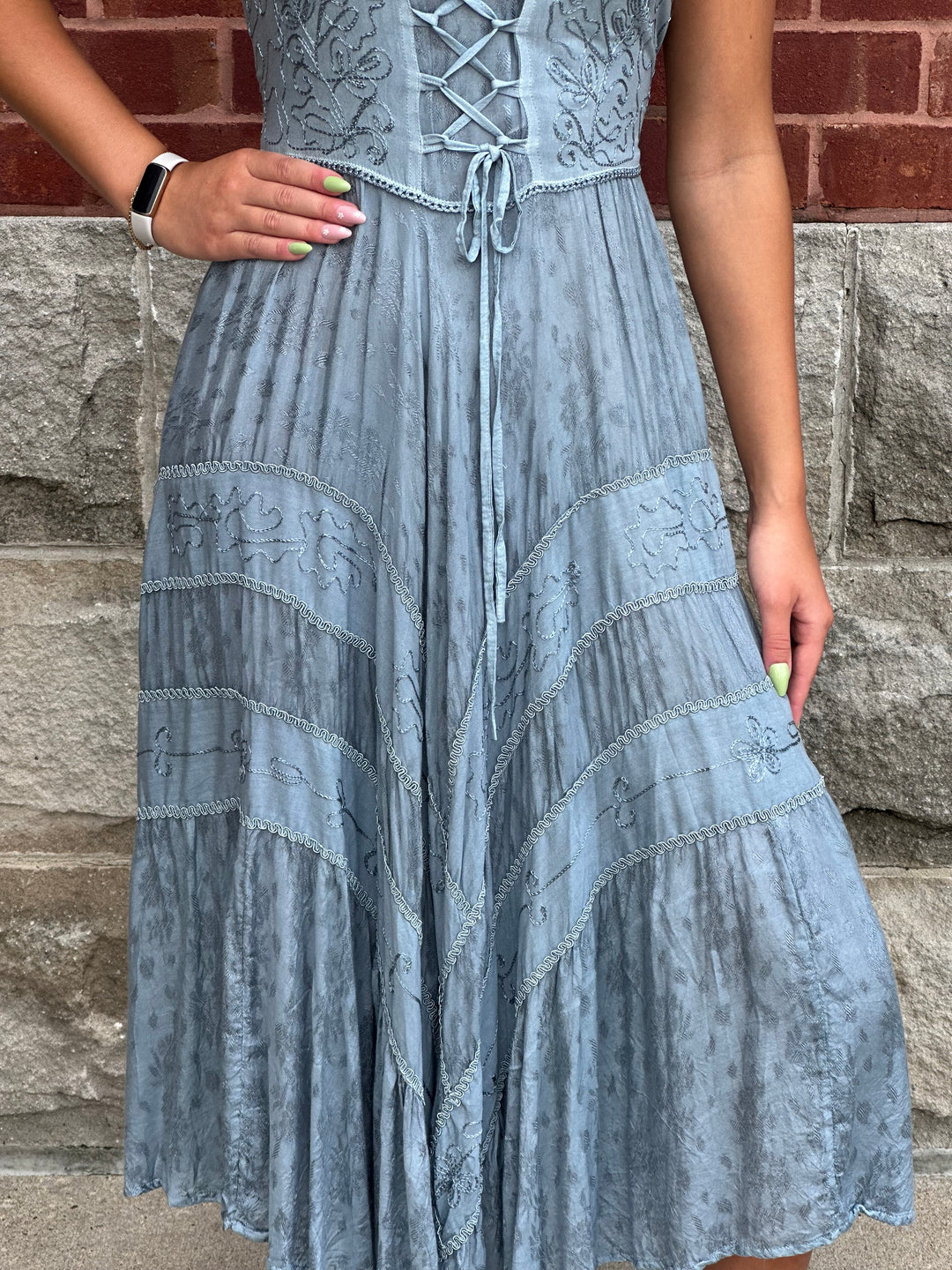 Ash Grey Lace Up Front Tiered Midi Dress