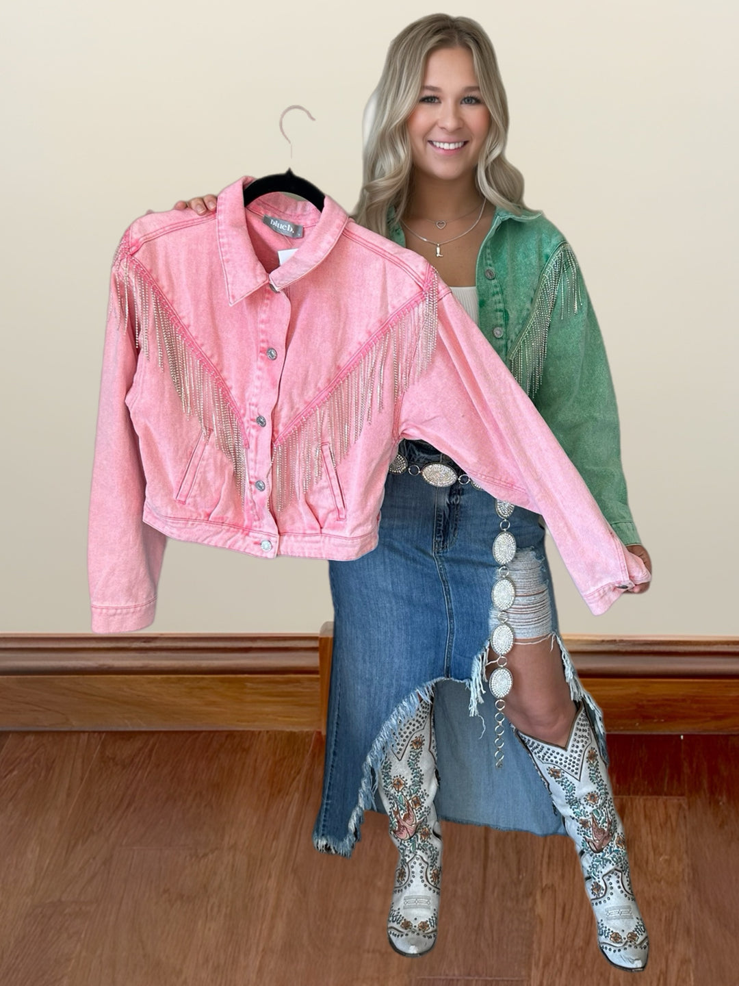 Rhinestone Fringe Denim Jacket - Salt and Grace Boutique