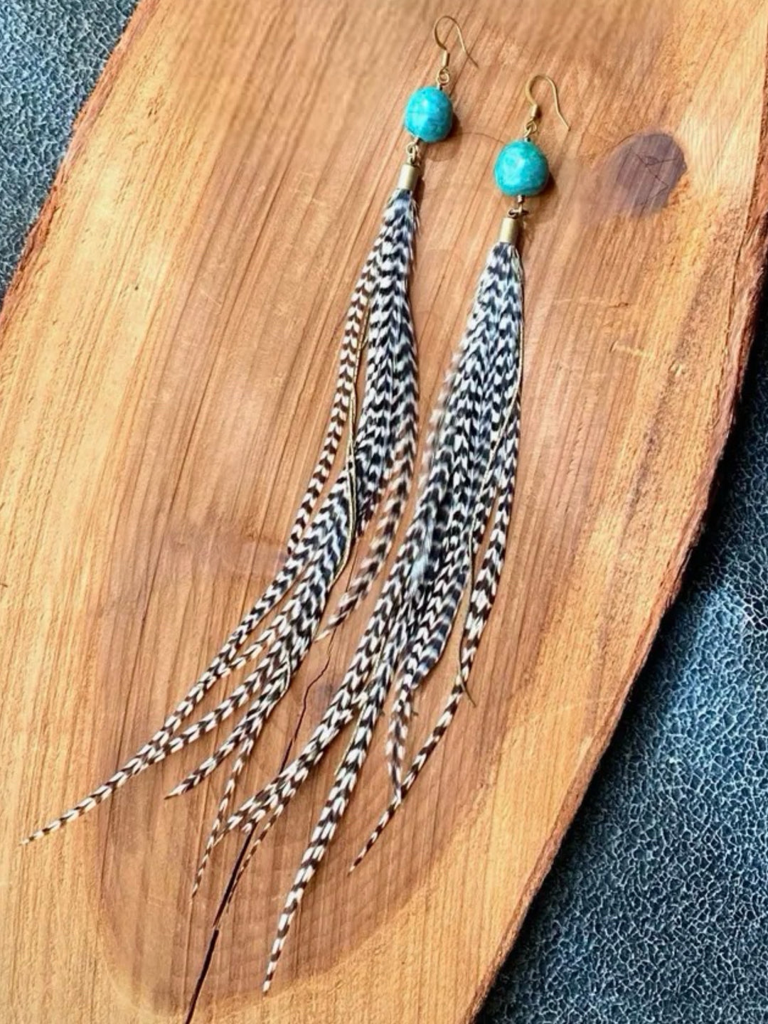 Turquoise Stone & Grizzly Long Feather Earrings