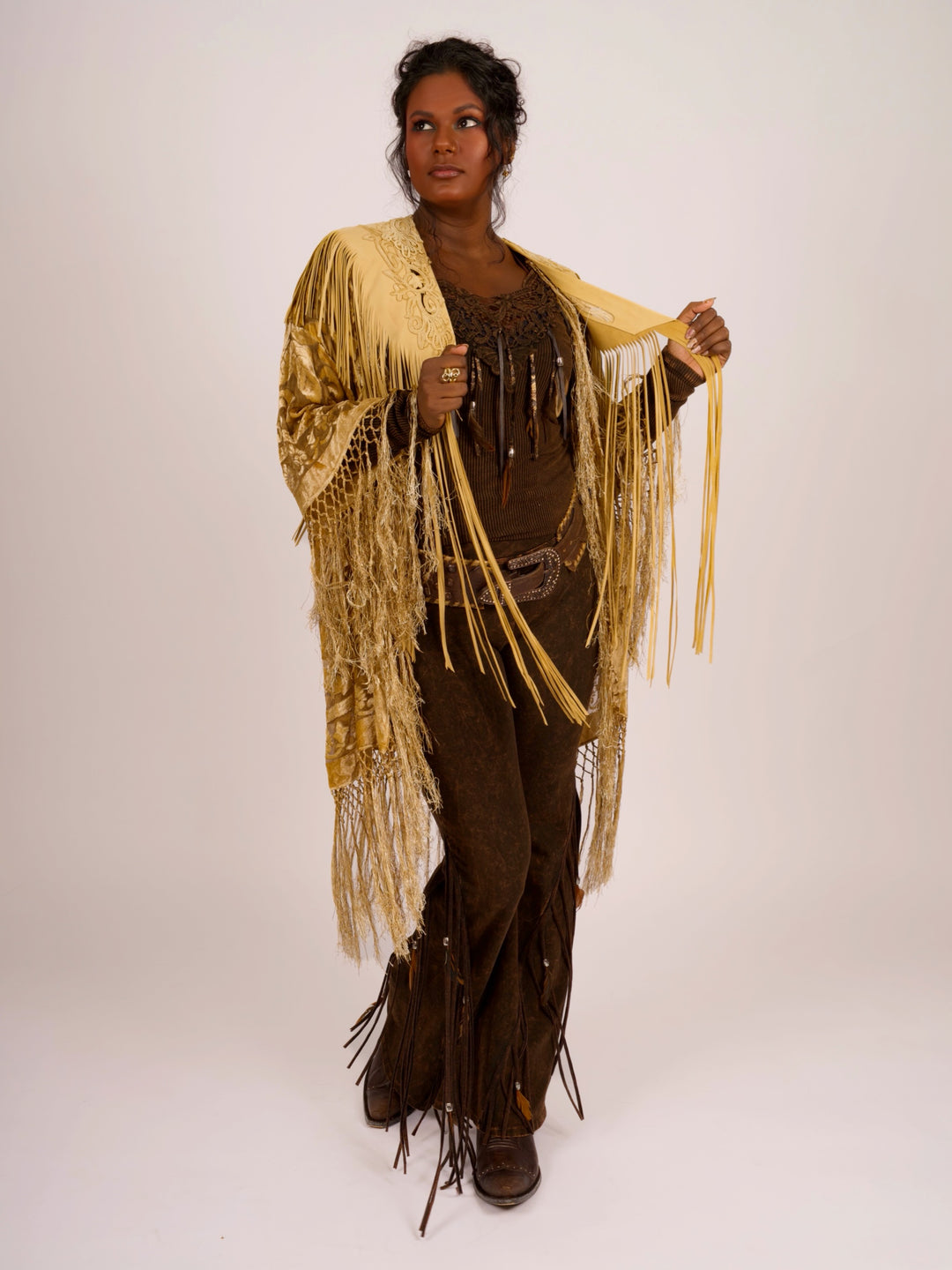 Handcrafted Palomino Deerskin Leather Shoulder Fringe Collar by Pat Dahnke