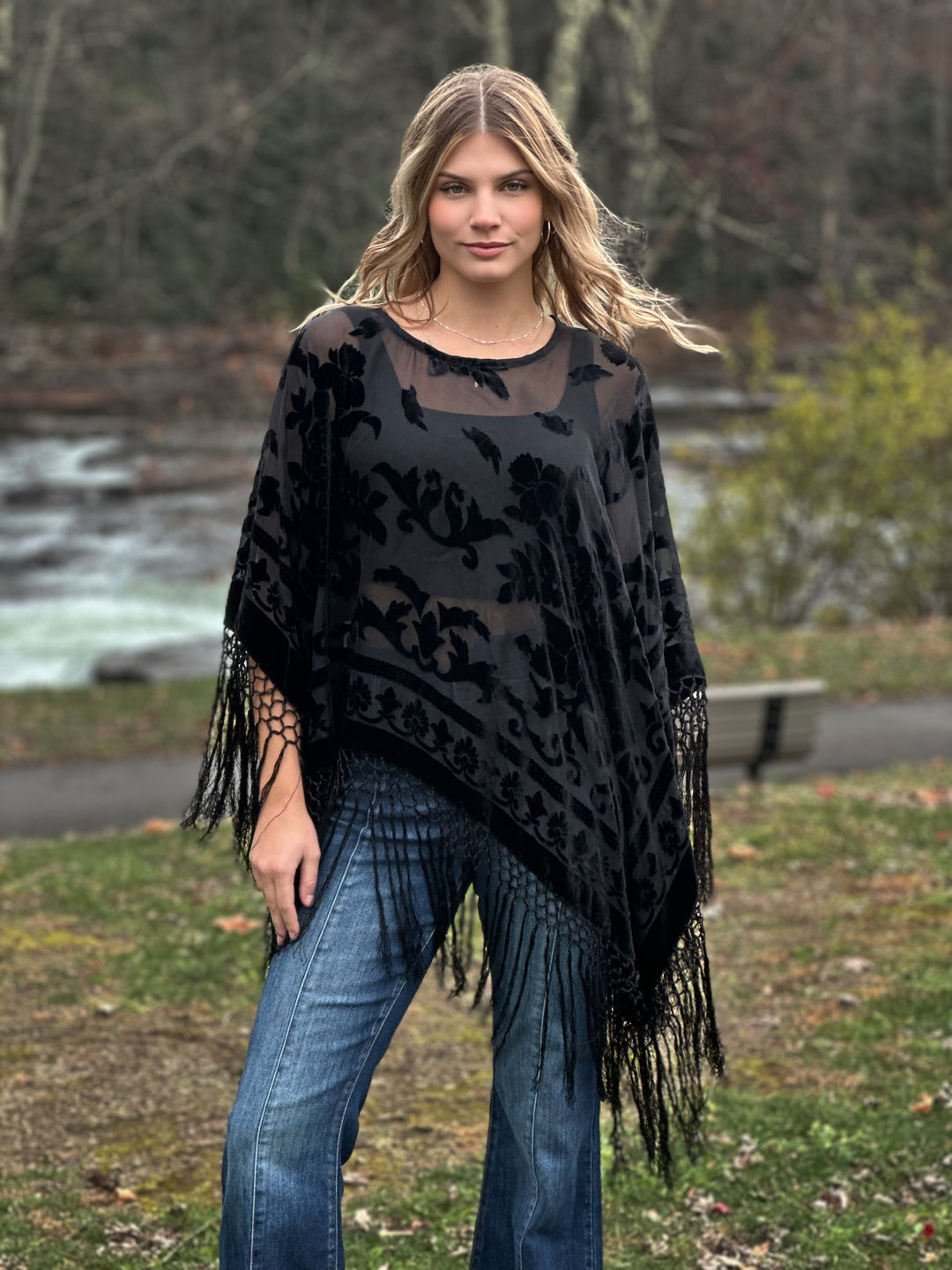 Burnout Velvet Poncho with Fringe