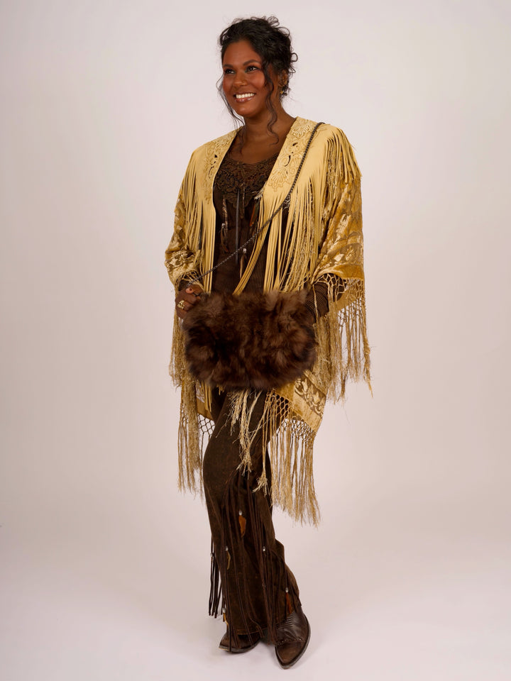Handcrafted Palomino Deerskin Leather Shoulder Fringe Collar by Pat Dahnke