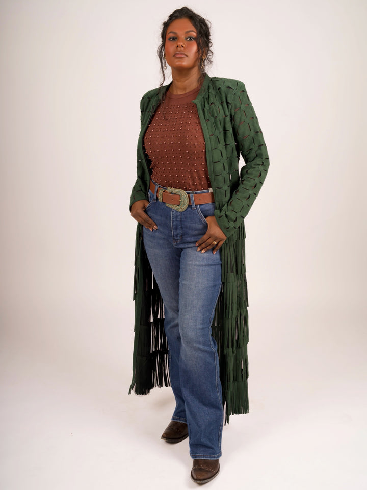 Genuine Suede Leather Laser-Cut Fringe Duster Jacket