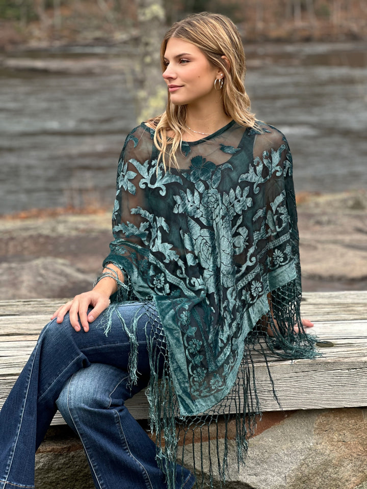 Burnout Velvet Poncho with Fringe