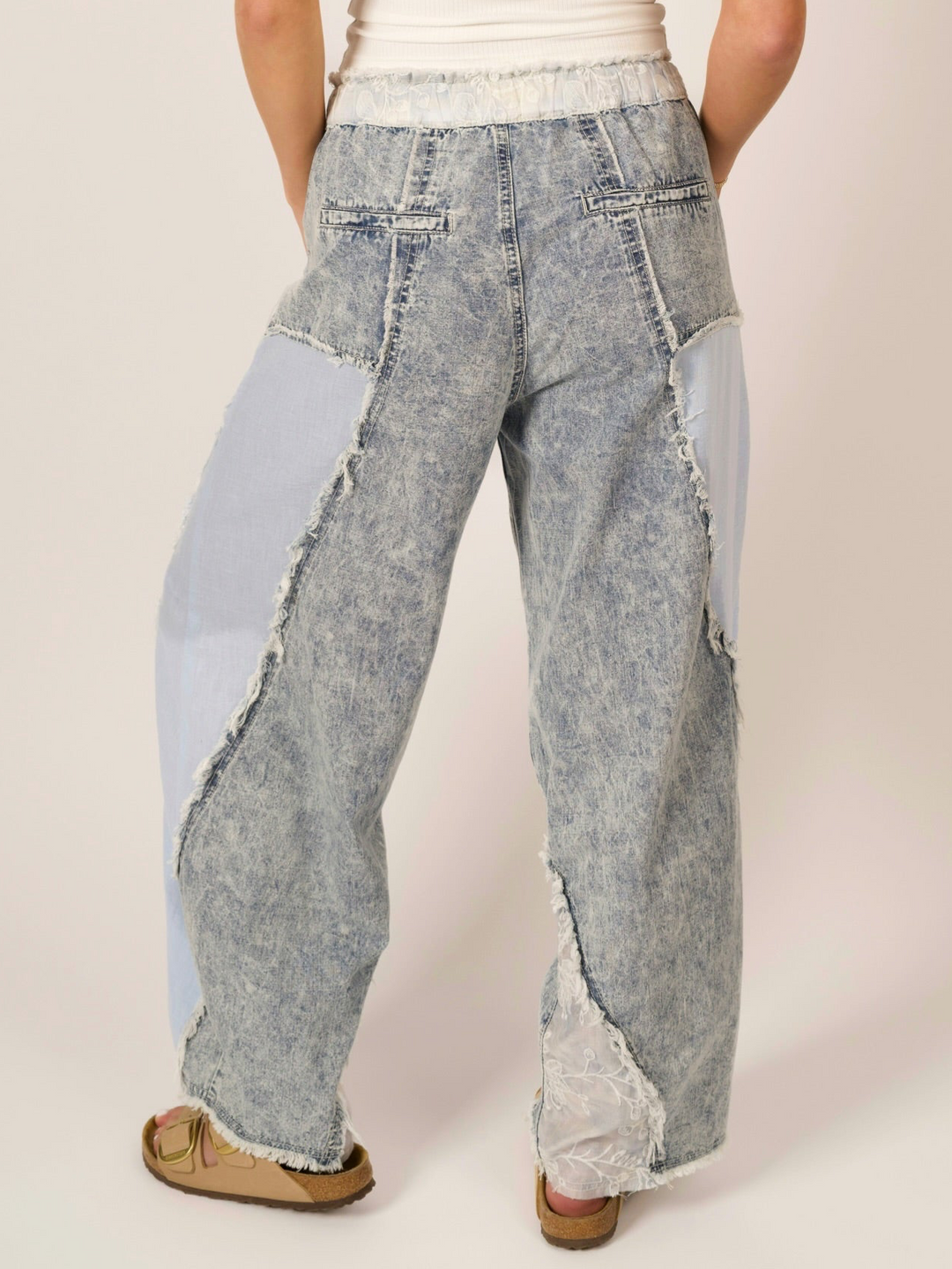 POL Boho High-Waist Wide-Leg Lace Patchwork Denim Pants