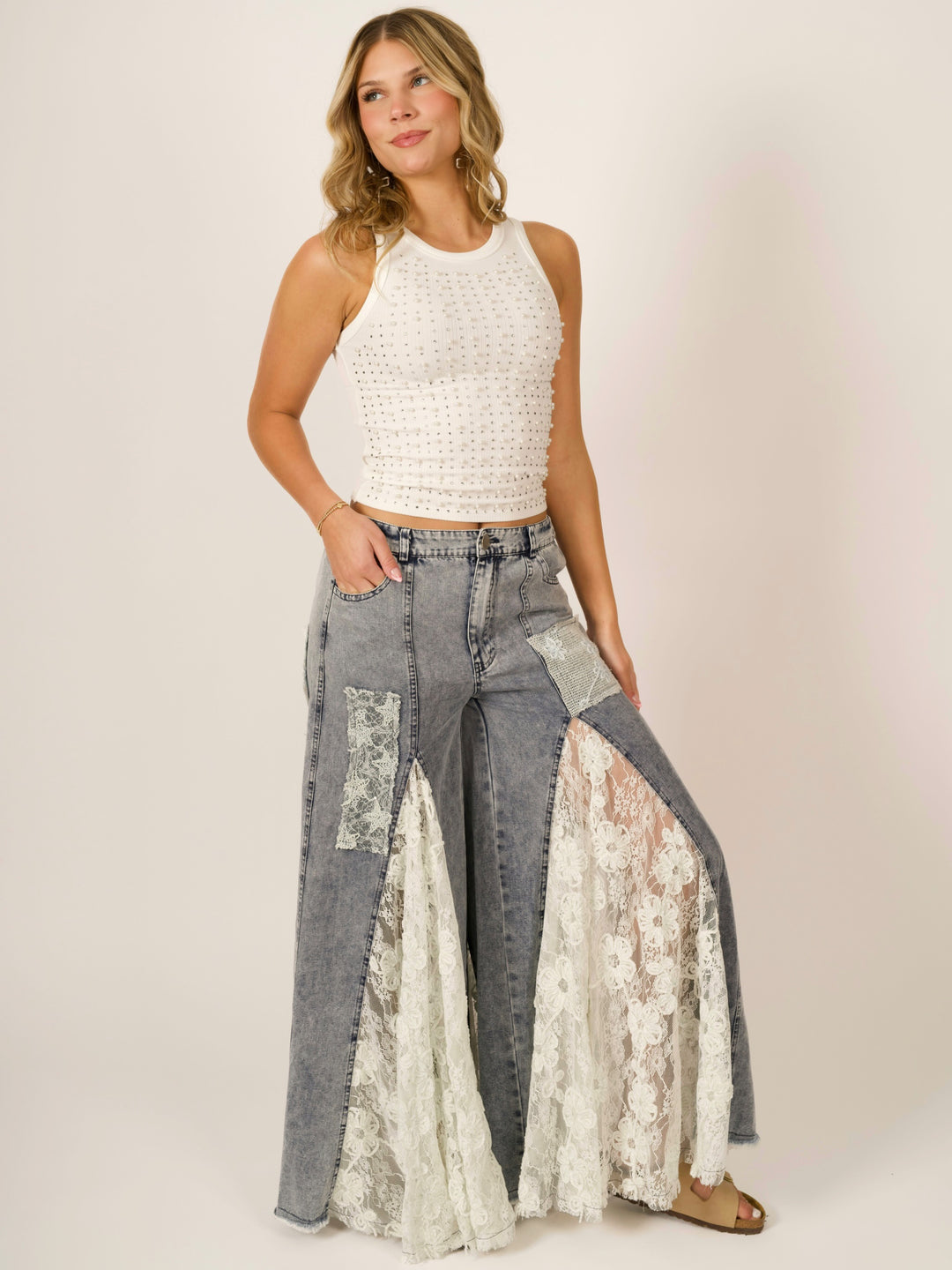 Indie Romantic Boho Lace Ruffle Wide Leg Denim Pants