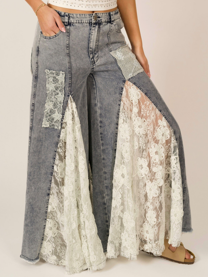 Indie Romantic Boho Lace Ruffle Wide Leg Denim Pants