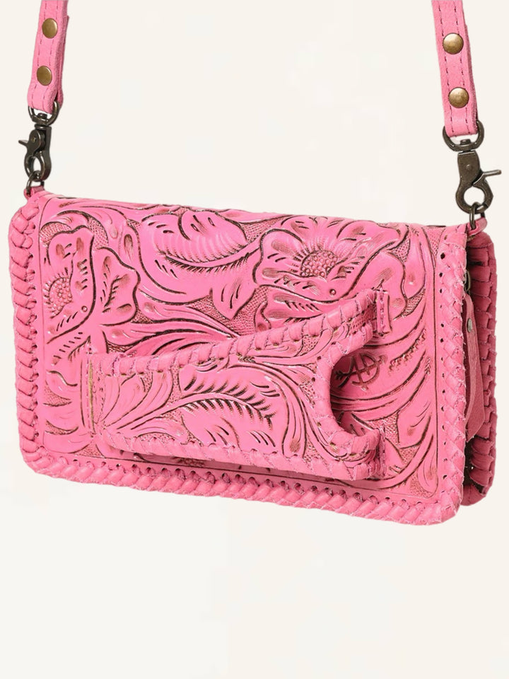 Pink Hand Tooled Leather Crossbody Clutch Wallet Bag