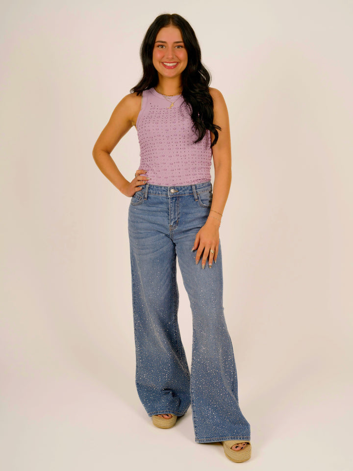 Medium Wash Rhinestone Wide Leg Jeans