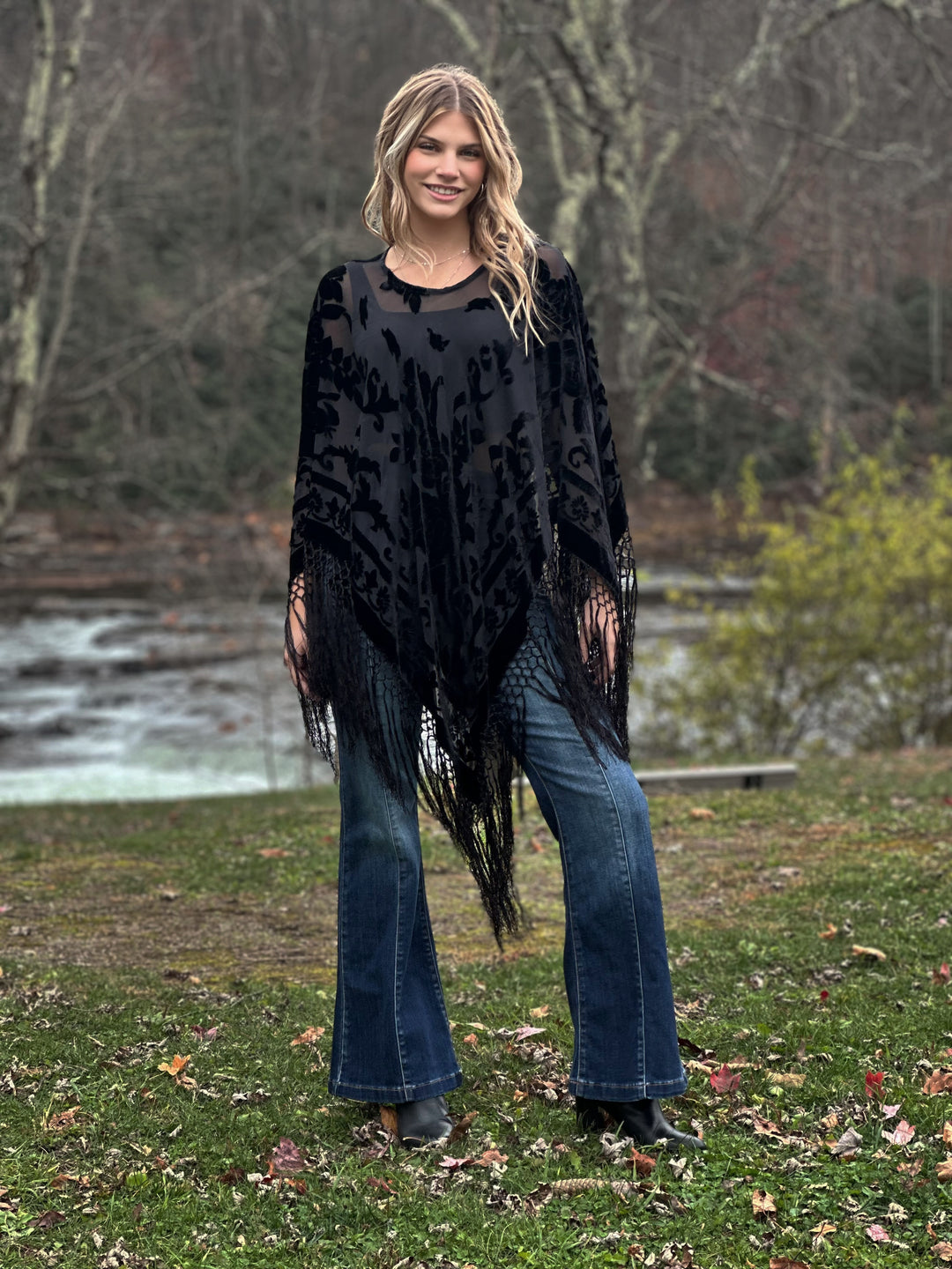 Burnout Velvet Poncho with Fringe