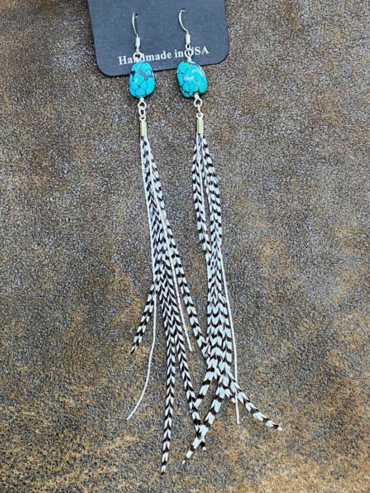 Silver Mini Feather & Turquoise Dangle Earrings