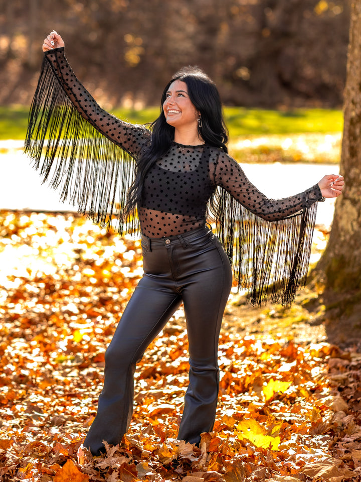 Star Mesh Long Sleeve Top with Fringe Sleeves